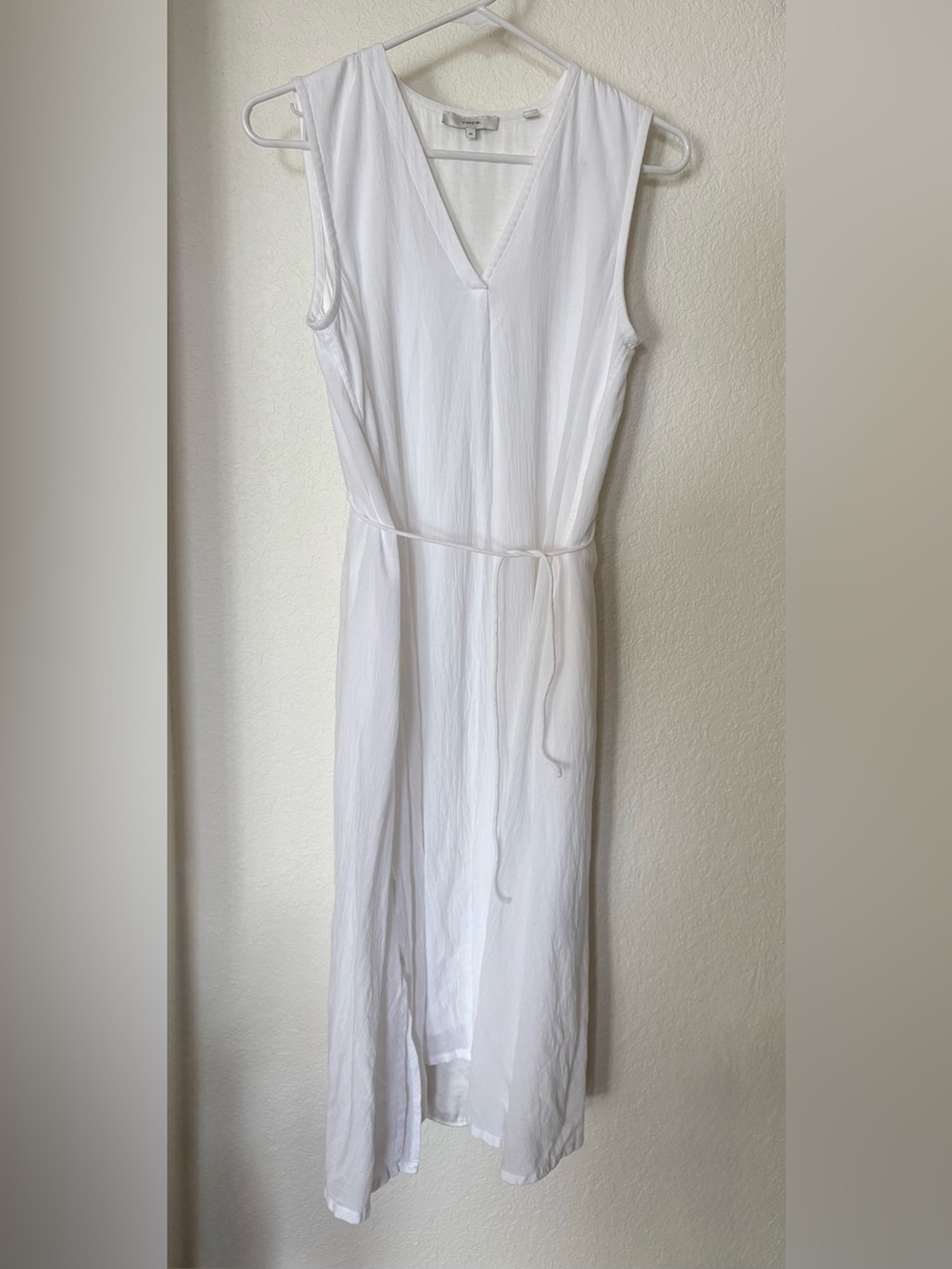 Vince White 100% Cotton Crinkle Sleeveless V-Neck Midi Dress Size XS